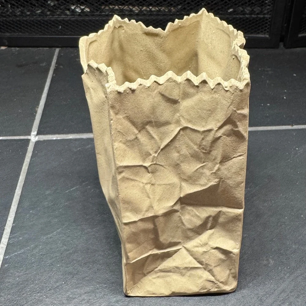 Ceramic Brown Paper‎ Bag Vase Trompe L'oeil Sculptural Planter Tan Decor 6 Inch